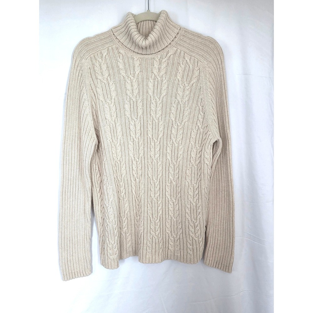 Cream Cable Knit Turtleneck Sweater 100% Cotton XL Chunky Fisherman Preppy - Picture 10 of 10
